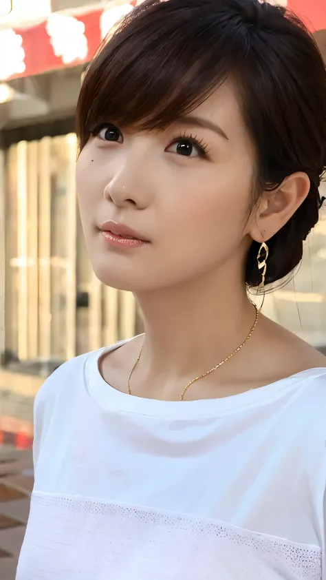 serious expression、 perfect fingertips, please raise your arms 、 random pose、( big breasted)、Shabby White T shirt、 high res, high quality, 最 high quality, very detailed, by Nomi, 8k, RAW Photo, 最 high quality, The appeal of masterpieces , wonderfu...