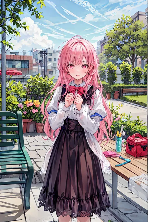  masterpiece,  top quality,  1 girl,  pink hair,  long hair, bangs,  pink eye,  sad,  shed tears,  Watch viewers,  outdoor, , Ruffle sleeves,  wipe your tears with your hands when you break up,  bench with toys, Holding toys, very  long hair, tree,  contem...