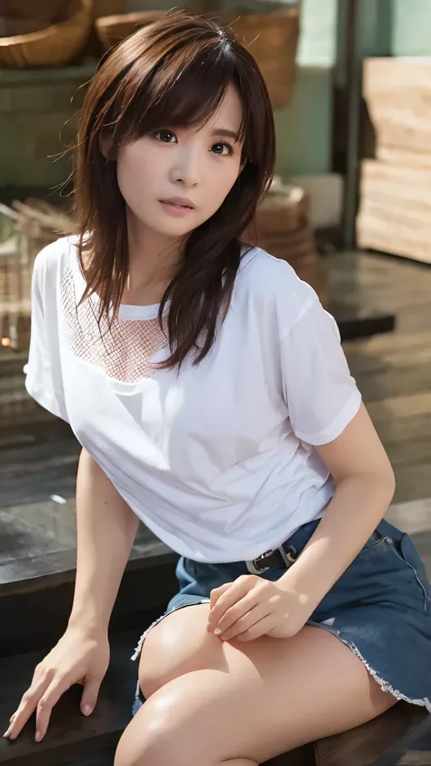 serious expression、 perfect fingertips, please raise your arms 、 random pose、( big breasted)、Shabby White T shirt、 high res, high quality, 最 high quality, very detailed, by Nomi, 8k, RAW Photo, 最 high quality, The appeal of masterpieces , wonderfu...