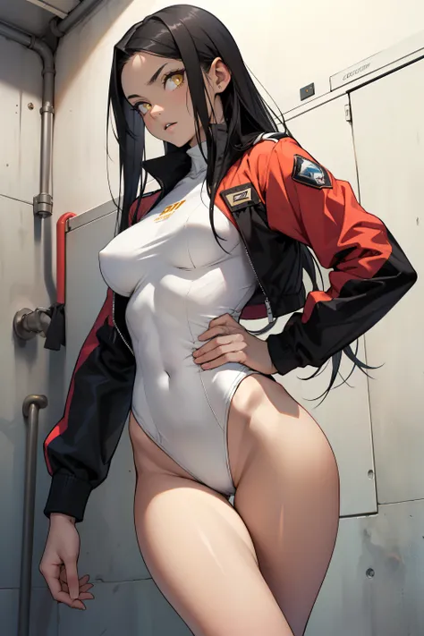 1 girl, black hair, yellow eyes, very long hair, pale skin, fit body, slender body, slim waist, large breasts, (confident expression), pilot suit, thigh gap, bare thighs, show bare legs, leotard