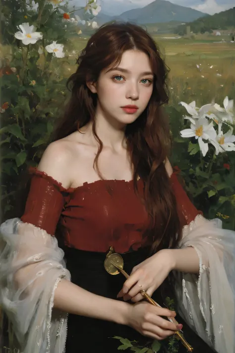 (oil painting:1.5),
\\
a woman with (red long curtly hair ), ((green eyes))  in a field of pion flowers, (amy sol:0.248), (stanley artgerm lau:0.106), (a detailed painting:0.353), (gothic art:0.106)