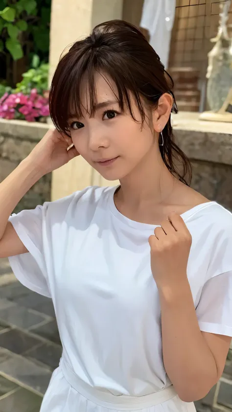  serious expression、 perfect fingertips,   please raise your arms 、 random pose、( big breasted)、Shabby White  Ｔ shirt、 high res,  high quality, 最 high quality,   very detailed,  by Nomi, 8k,  RAW Photo, 最 high quality, The appeal of masterpieces , wonderfu...