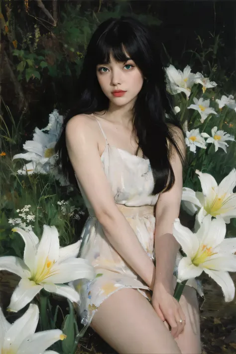 (oil painting:1.5),
\\
a woman with (black long hair with flat bangs), ((green eyes)) and lily flowers in her hair is laying down in a field of white lily flowers, (amy sol:0.248), (stanley artgerm lau:0.106), (a detailed painting:0.353), (gothic art:0.106...