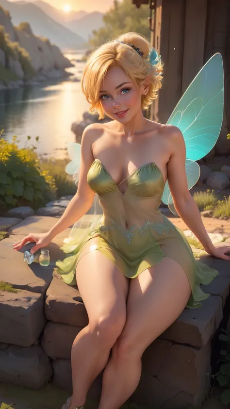 ( Tinker's wife :1),  smile, Cute, Cute pose,   looks at the viewer ,  thick thighs,  one-strand bundle of hair ,  short hair, (very transparent strapless dress in green:1), (fairy wings), sitting, ( focus on the chest:1.2), Above,  without underwear, coqu...