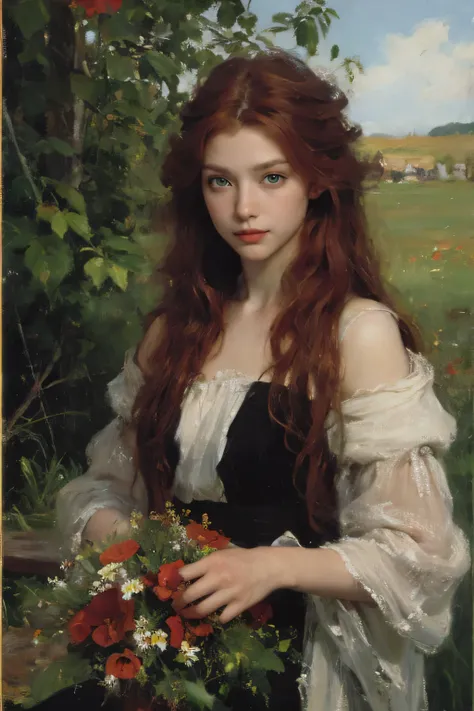 (oil painting:1.5),
\\
a woman with (red long curtly hair ), ((green eyes))  in a field with piones flowers, (amy sol:0.248), (stanley artgerm lau:0.106), (a detailed painting:0.353), (gothic art:0.106)