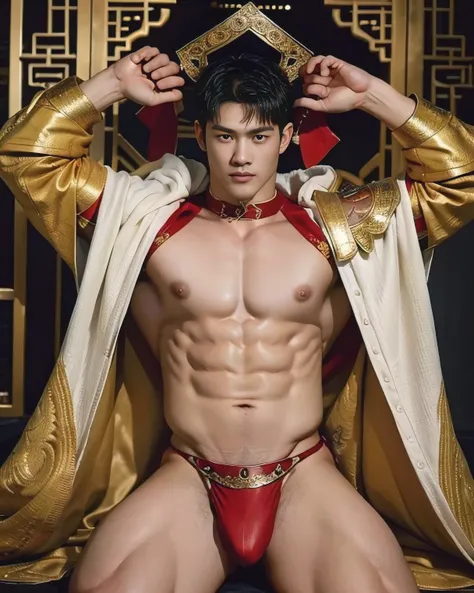 A strikingly handsome 18-year-old Chinese emperor with a face of unparalleled beauty, possessing an incredibly muscular and Hulk-like physique. His legs are especially emphasized, with massive, muscular thighs and calves, covered in prominent veins and mus...