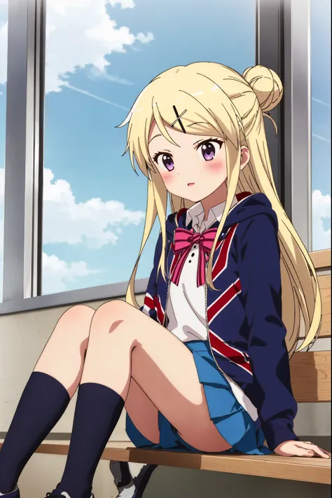 1girl, solo, long hair, blush, skirt, blonde hair, hair ornament, bow, sitting, school uniform, purple eyes, shoes, socks, hairclip, hair bun, kneehighs,single hair bun, x hair ornament, sneakers, union jack, kujou karen,