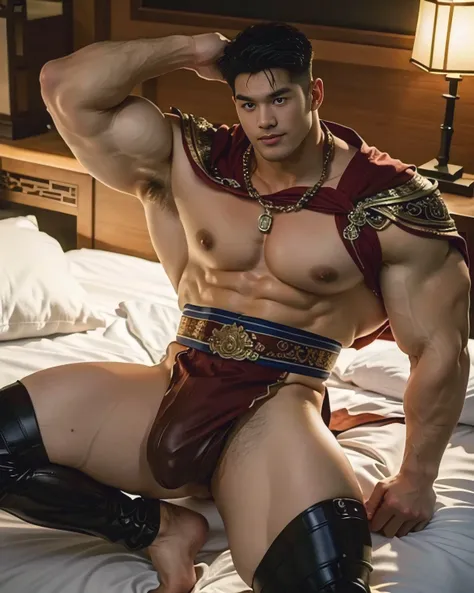 A strikingly handsome 18-year-old Chinese emperor with a face of unparalleled beauty, possessing an incredibly muscular and Hulk-like physique. His legs are especially emphasized, with massive, muscular thighs and calves, covered in prominent veins and mus...