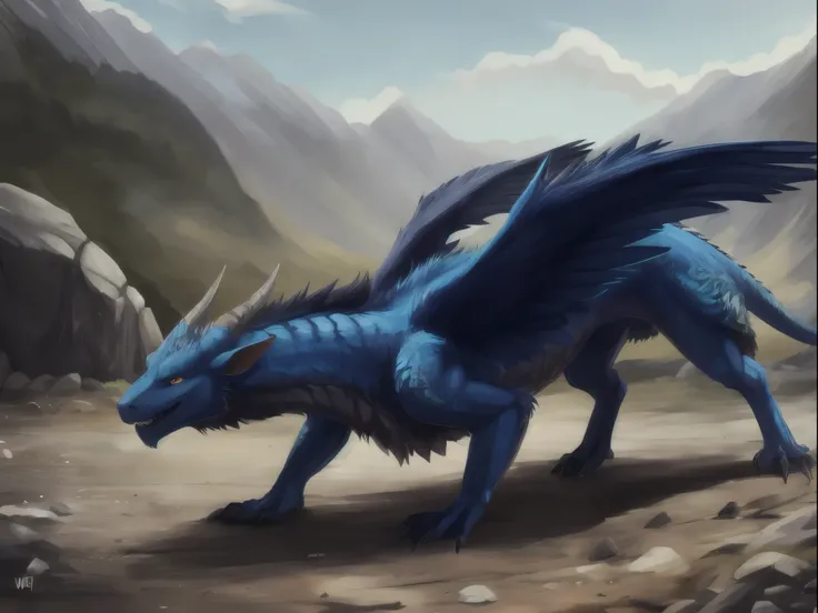 portrait,  full body, full shot, solo, (feral:1.4), hraesvelgr, furred dragon, wings, extra wings, 4wings, feathered wings, hraesvelgr horns, large horns, extra horns, 4horns, yellow eyes, thin, hi res, soft shading, (detailed eyes), beautiful eyes, detail...