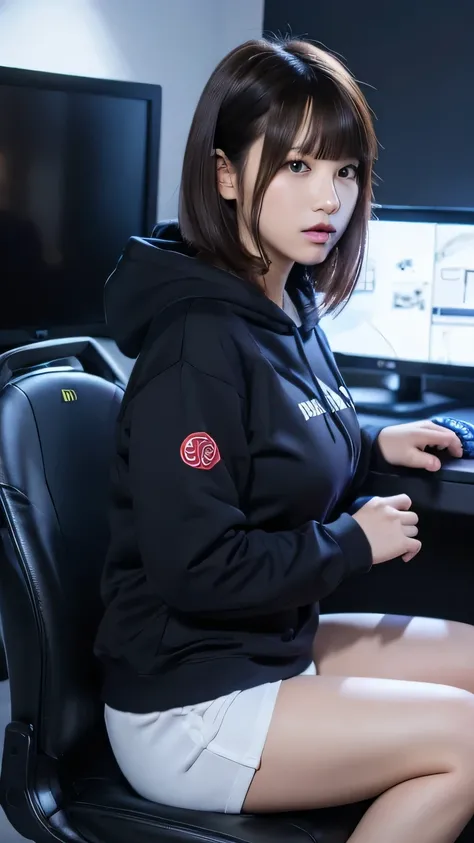 high quality, HD, solo, age 24, cute, beautiful woman, black hair, cute, large breasts, beautiful breasts, beautiful legs, hooded sweatshirt, swet pants, portrait, gamer, gaming room, PC, monitor, neon light, gamingkeybord, gamingmouse, Crazy about Games, ...