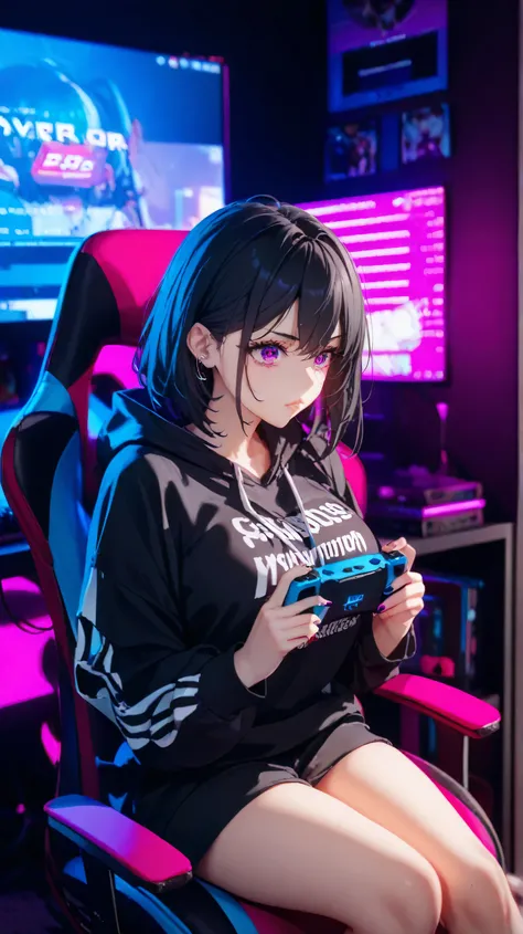 high quality, HD, solo, age 24, cute, beautiful woman, black hair, cute, large breasts, beautiful breasts, beautiful legs, black hooded sweatshirt, swet pants, portrait, gamer, gaming room, PC, monitor, neon light, gamingkeybord, gamingmouse, Crazy about G...