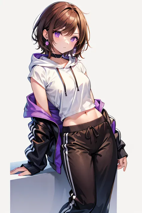 She wears a short hoodie and long loungewear pants.
leaning back.
shaft look.
:q

An anime-style girl has medium hair hair with sideburns and sauvage.
She has medium hair hair with sideburns and sauvage,wears moon-shaped earrings, flowing brown hair and vi...