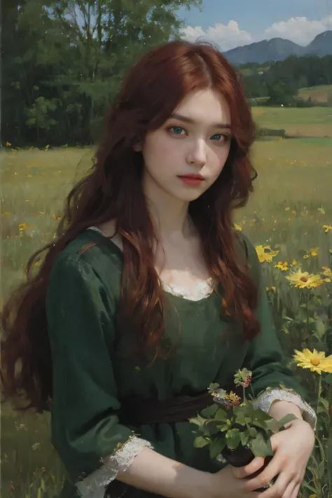 (oil painting:1.5),
\\
a woman with (red long curtly hair ), ((green eyes))  in a field with piones flowers, (amy sol:0.248), (stanley artgerm lau:0.106), (a detailed painting:0.353), (gothic art:0.106)