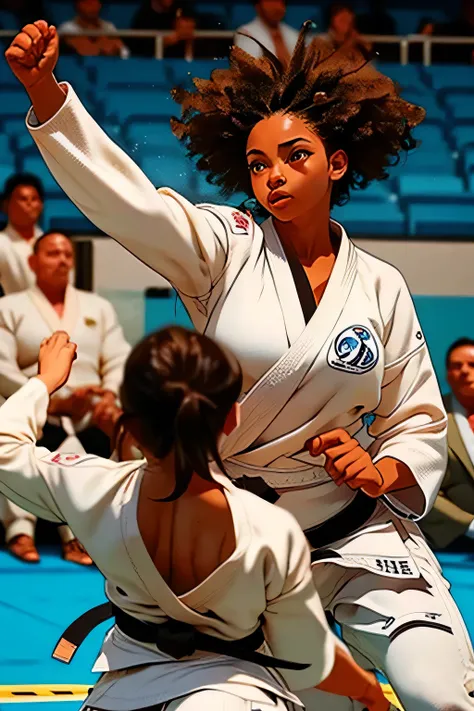 Photo  . Judo tournament . Two girls fight  .  Beautiful black young mulatto girl  .. She is from Brazil  . 20 years .  brunette , afro hairstyle  . brown eyes eyes . She is wearing judogi  ,  fights against another girl in judogi  . 