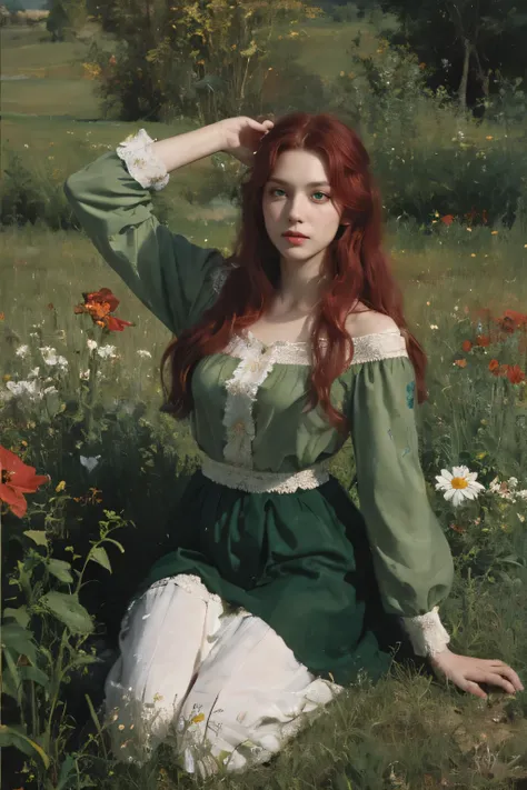 (oil painting:1.5),
\\
a woman with (red long curtly hair ), ((green eyes))  in a field with piones flowers, (amy sol:0.248), (stanley artgerm lau:0.106), (a detailed painting:0.353), (gothic art:0.106)