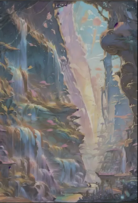 artwork、 top quality、 better quality 、flying island々、 waterfalls cascading off the island 、 Fantasy World、 amazing panorama 、 colorful clouds 、Flashy colors、Galaxy in the Sky