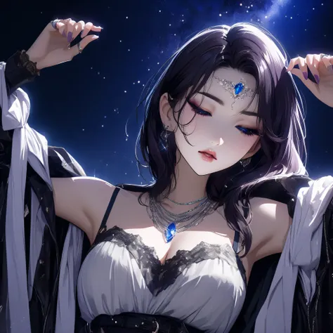 top quality、Ultra-precise depiction、 detailed map、 bright colors visible from the forehead、 beautiful girl 、 alone、Age 30、 accurate facial depiction、Night road、 dark lights 、Lie down on the road、 supine 、Pin Light、 starry sky 、 upshot 、Lean on me、 bla...