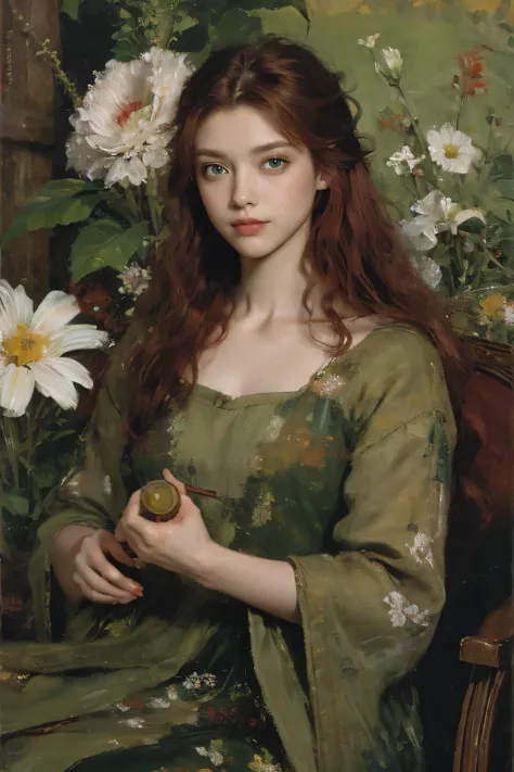 (oil painting:1.5),
\\
a woman with (red long curtly hair ), ((green eyes))  in a field with piones flowers, (amy sol:0.248), (stanley artgerm lau:0.106), (a detailed painting:0.353), (gothic art:0.106)