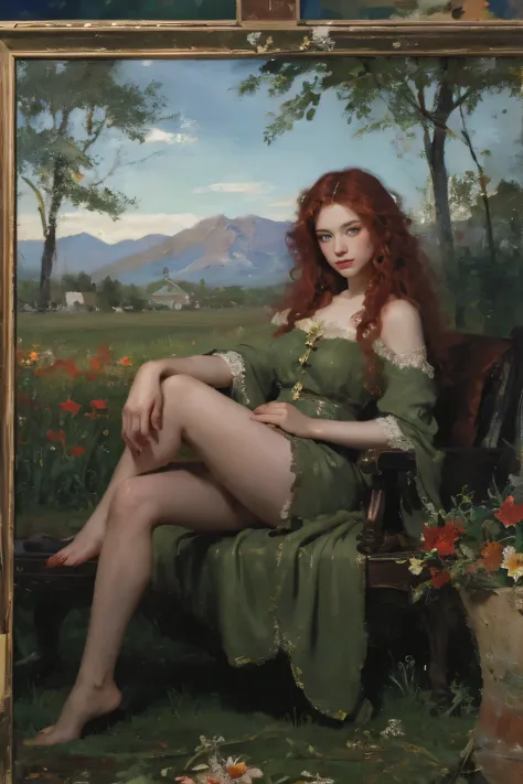 (oil painting:1.5),
\\
a woman with (red long curtly hair ), ((green eyes))  in a field with piones flowers, (amy sol:0.248), (stanley artgerm lau:0.106), (a detailed painting:0.353), (gothic art:0.106)