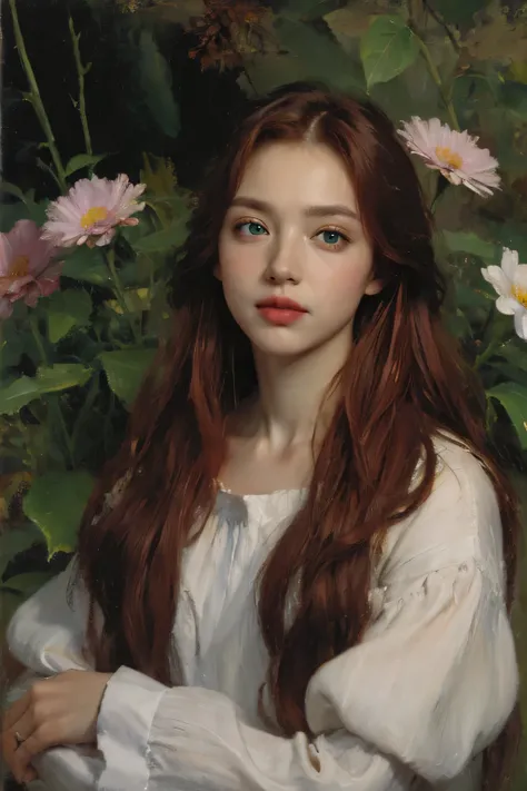 (oil painting:1.5),
\\
a woman with (red long curtly hair ), ((green eyes))  in a field with piones flowers, (amy sol:0.248), (stanley artgerm lau:0.106), (a detailed painting:0.353), (gothic art:0.106)