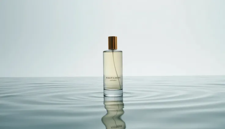 Craft a A minimalistic abstract design featuring bailando perfume bottle on a serene, monochromatic water surface, with gentle ripples and a muted color scheme, eau de parfume 100 ml----3.4 fl.oz. ,Masterpiece