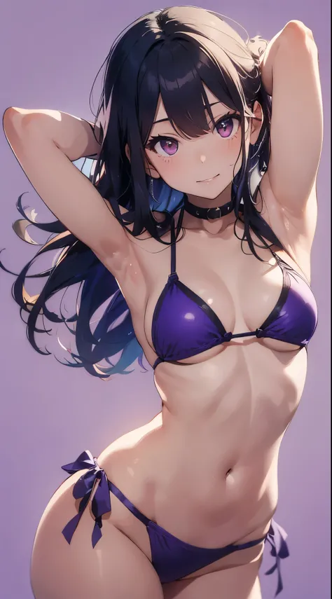 A young and beautiful Japanese woman stands confidently against a solid purple background, wearing a vibrant purple bikini. Her red eyes shine warmly, and her blue hair flows gently, adding a sense of elegance and movement. Captured from a low-angle perspe...