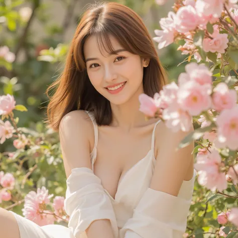 A charming 20-something cute super sexy Japanese person enjoying a relaxing moment in a breathtaking garden full of blooming flowers, captured in a medium close-up shot. They are dressed fashionably in warm colors such as soft white, wearing a revealing ye...