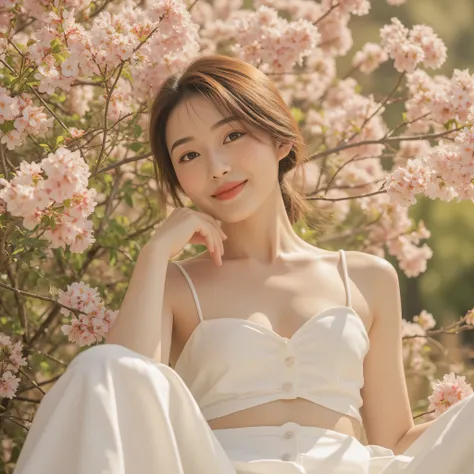 A charming 20-something cute super sexy Japanese person enjoying a relaxing moment in a breathtaking garden full of blooming flowers, captured in a medium close-up shot. They are dressed fashionably in warm colors such as soft white, wearing a revealing ye...