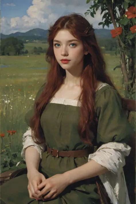 (oil painting:1.5),
\\
a woman with (red long curtly hair ), ((green eyes))  in a field with piones flowers, (amy sol:0.248), (stanley artgerm lau:0.106), (a detailed painting:0.353), (gothic art:0.106)