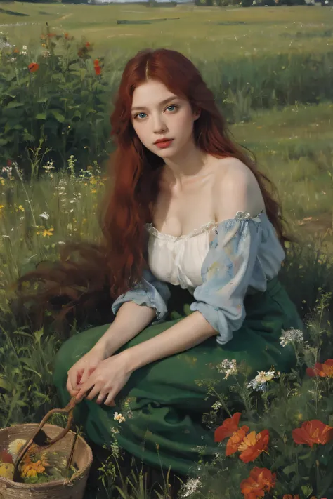 (oil painting:1.5),
\\
a woman with (red long curtly hair ), ((green eyes))  in a field with piones flowers, (amy sol:0.248), (stanley artgerm lau:0.106), (a detailed painting:0.353), (gothic art:0.106)