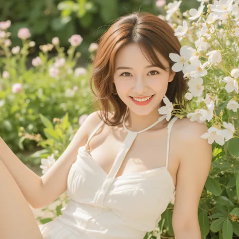 A charming 20-something cute super sexy Japanese person enjoying a relaxing moment in a breathtaking garden full of blooming flowers, captured in a medium close-up shot. They are dressed fashionably in warm colors such as soft white, wearing a revealing ye...