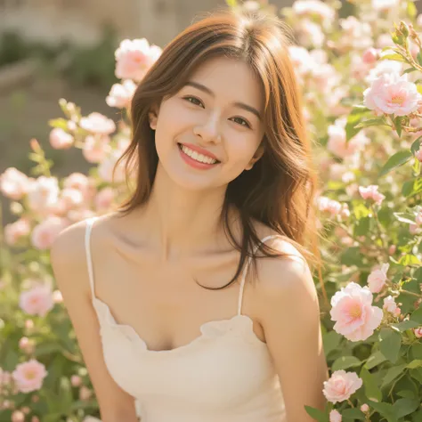 A charming 20-something cute super sexy Japanese person enjoying a relaxing moment in a breathtaking garden full of blooming flowers, captured in a medium close-up shot. They are dressed fashionably in warm colors such as soft white, wearing a revealing ye...