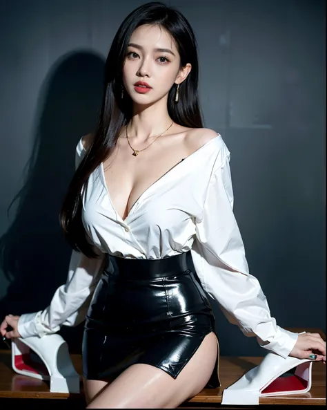 Japanese office girl wearing a sexy blouse and miniskirt,  sexy shiny panties、 stockings 、 necklace,  earrings, Sensual expression with your mouth slightly open,  The background is a large Los Angeles office ,  Max Image Quality,  top quality ,  office wit...