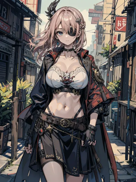 cowboy shot, earring, huge breasts, narrow waist, half updo, hair ornament, black hair, collarbone, midriff, Practical pirate clothing, Long-sleeved pirate top, Skirt, coat, midriff, black cape, parrot, half eyepatch, prosthetic arm, leather belt, drawstri...