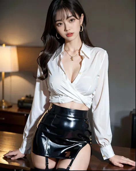 Japanese office girl wearing a sexy blouse and miniskirt,  sexy shiny panties、 stockings 、 necklace,  earrings, Sensual expression with your mouth slightly open,  The background is a large Los Angeles office ,  Max Image Quality,  top quality ,  open the c...