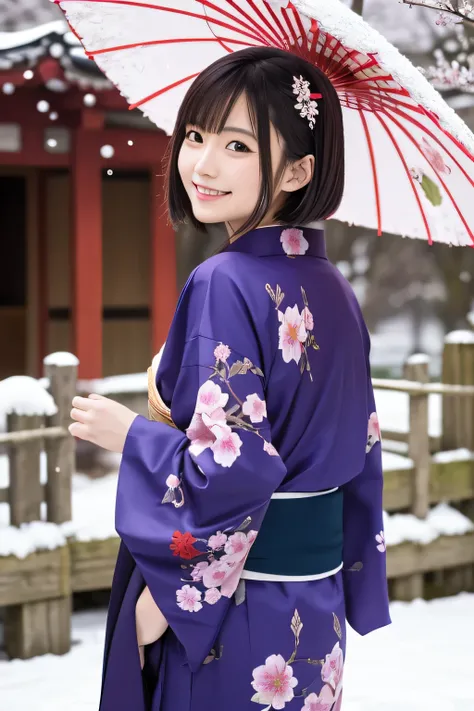 A beautiful young Japanese woman with short black hair and soft bangs, wearing a vibrant purple and red floral kimono with intricate patterns. She is standing in a snowy outdoor setting, holding a traditional blue Japanese umbrella with cherry blossom desi...