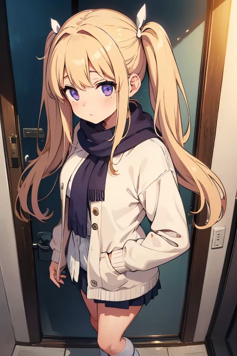  apartment entrance　 is standing　（（ snow piled up on head and shoulders））　 middle school girls with nutella　１４age　 A Cup Breasts　 Gold　 Long Twin Tails　 twin tails with bows 　 gal　 purple eyes　 troubled expression（（One person）） Brown upper body long coat 　...