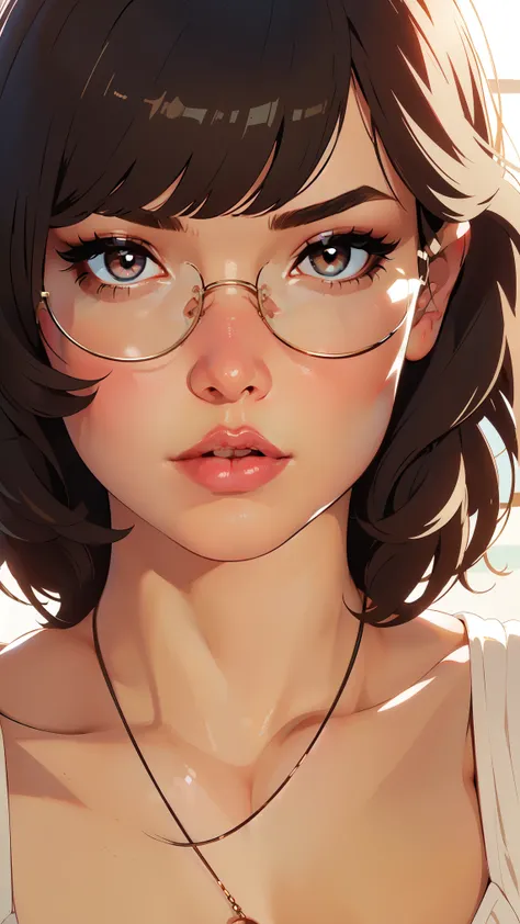 HD, 8k quality, masterpiece, dream girl , beautiful face, kissing lips, short bob hairstyle, long bangs, perfect makeup, realistic face, detailed eyes, diamond blue eyes, brunette hair, eyelashes, scared, cameltoe, eyes at viewer, clear lens glasses,  view...