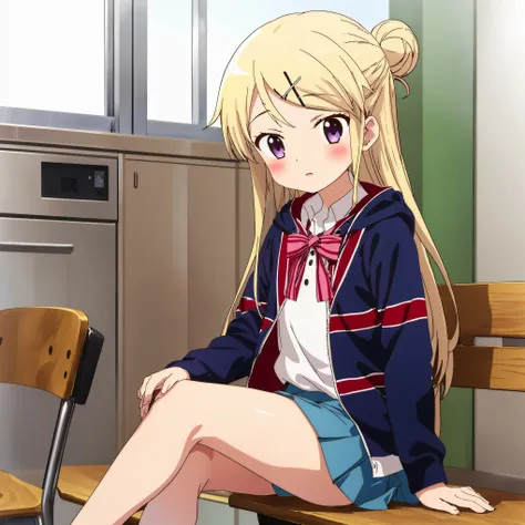 1girl, solo, long hair, blush, skirt, blonde hair, hair ornament, bow, sitting, school uniform, purple eyes, shoes, socks, hairclip, hair bun, kneehighs,single hair bun, x hair ornament, sneakers, union jack, kujou karen,