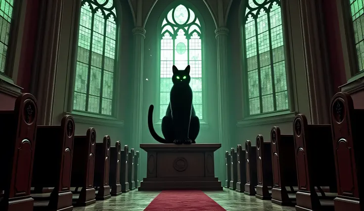 (Gothic cathedral interior), (stained glass moonlit windows), (enormous black cat with glowing green eyes perched on stone altar), (cobweb-covered pews), (floating dust particles), (dark crimson drapes), dramatic chiaroscuro lighting, intricate stone carvi...