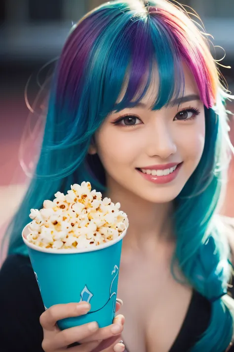  high quality:1.3,  realistic、 high res,  realistic、8k、16k、 Masterpiece:1.4,  Details.Impressive、Alone、 cutting-edge photo portrait of a woman、 smiles、Expression of happiness、The way you look at someone you love、( eating popcorn、Caramel-flavored popcorn)、 ...