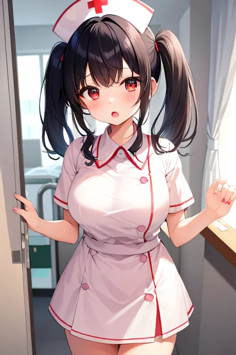  Masterpiece、 Max Image Quality、 Ultra High Resolution、A Very petite, very short stature, very young kindergarten girl with big breasts、twin tail hairstyle、black hair、Red face、shyly、open your mouth just a little、short-sleeved white white nurse uniform for ...