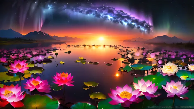 超 high image quality,  high image quality,  high quality , Spectacular Scenery , Magnificent Pure Land of Paradise ,((Heavenly world)),((( A large group of huge and very beautiful lotus flowers that fill the surface of the lake))),(((There are 100000 lotus...