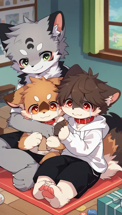  very detailedな, very detailed, brown fur gray hair ,( two boys and girls with gray fur, hold hands), Brown Hair,,male,骨を見てExcited, heart eyes,participate,Cry a little, crying, sad face,(Sad face)  green white and colored hat, cute face,Sitting!, red colla...