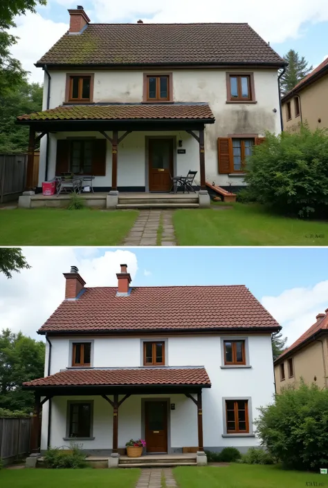  photo of a house before cleaning the exterior of a roof, terrace and facade vs after cleaning 