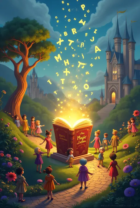 A magical, enchanted kingdom called the 'Kingdom of Happy Words,' filled with vibrant colors and whimsy. In the heart of the kingdom, there is a grand, glowing book titled 'The Book of Magic Letters,' resting on a pedestal surrounded by ren who are mesmeri...