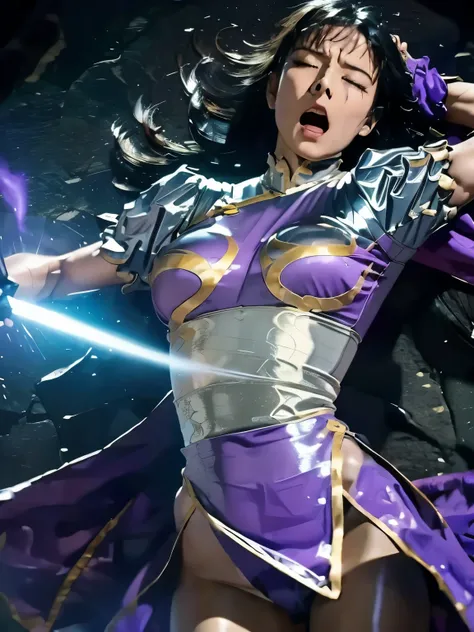   large amounts of dark energy hit directly on the abdomen and are being blown backwards, My body is burning with purple dark energy  ,  scream,   Are eyes closed , Looks painful,   torn clothes ,   high res, Silver Costume