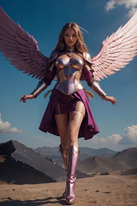 a beautiful angel girl Candice Swanepoel, full fuchsia colored knight's armor with a cloak and skirt, metallic fuchsia colored armor, large white wings, detailed feathered wings, epic angel wings, flowing golden hair, detailed face, large eyes, long eyelas...