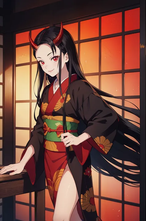 (masterpiece, best quality:1.2), kimetsu no yaiba style, kiyomi, (1girl, solo), (black long hair, straight hair, forehead), (red demon horns, red eyes), (smile:1.1), kimono, standing in the Japanese old style room