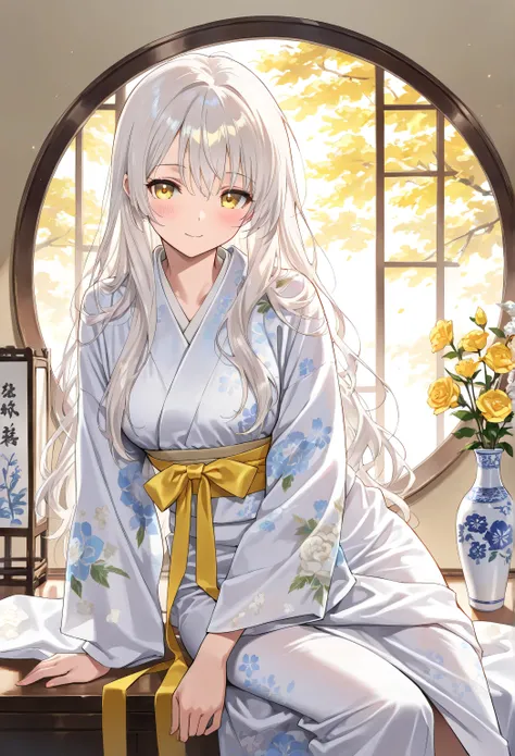 ((masterpiece, best quality, ultra-detailed, highres, 4K)), 1girl, solo, white hair, long hair, soft flowing hair, delicate features, golden yellow eyes, elegant pose, gentle expression, wearing an ornate kimono with floral patterns, intricate vase motif o...